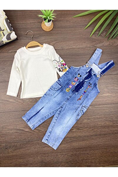 seanto Baby Girl Denim Salopet Set Long Sleeve Printed 2-Piece