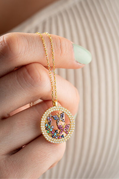 Nereze 925 Ayar Gümüş Gold Kaplama Daire Tasarım Uçuşan Kelebek Kolye