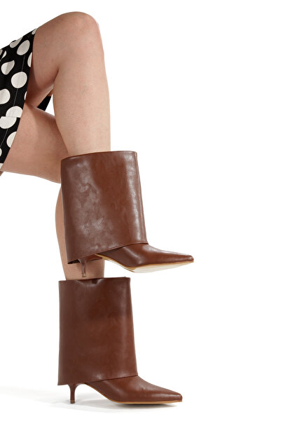 MİNNACE حذاء طويل بلون أسمر اللون بمقدمة مدببة وكعب رفيع 5 سم للموسم الجديد