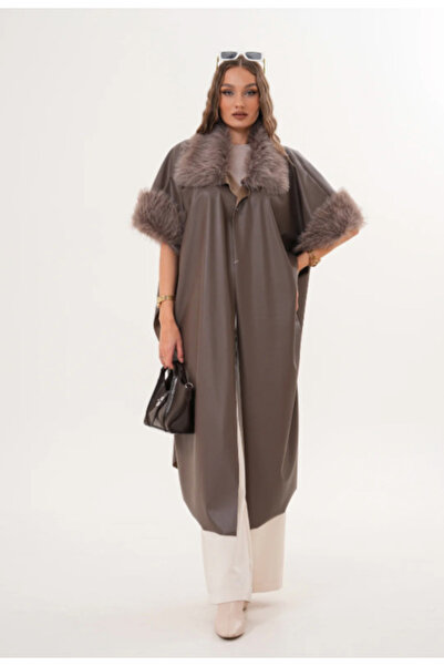 BY AKKAYA Long Poncho with Collar and Sleeve Details, Leather, Wearable in Sizes 38-48