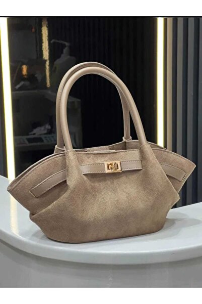 ÖZÜM TAKI حقيبة يد وكتف نسائية بتفاصيل حزام من الجلد السويدي بلون المنك