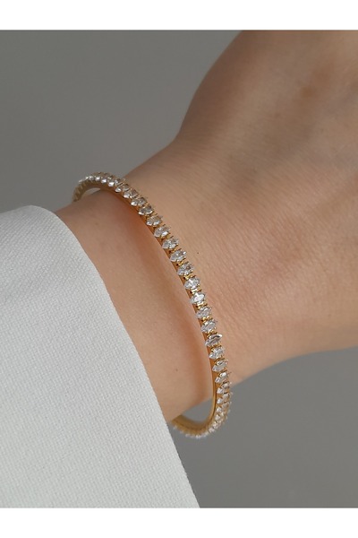 8atelier Çelik Zirkon Taş Detaylı Gold Kelepçe