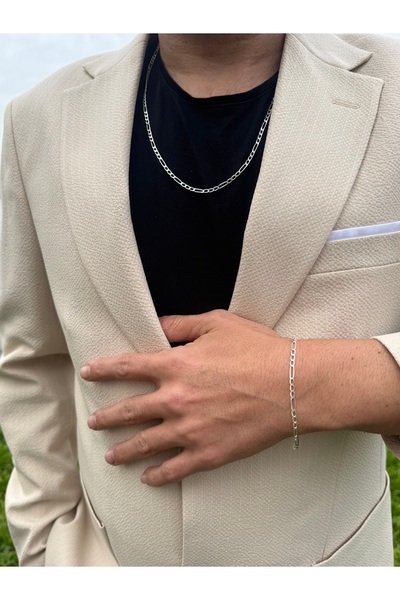 LUNAERA JEWELRY 2 mm 925 Ayar Figaro Gümüş Erkek Zincir Kolye Set