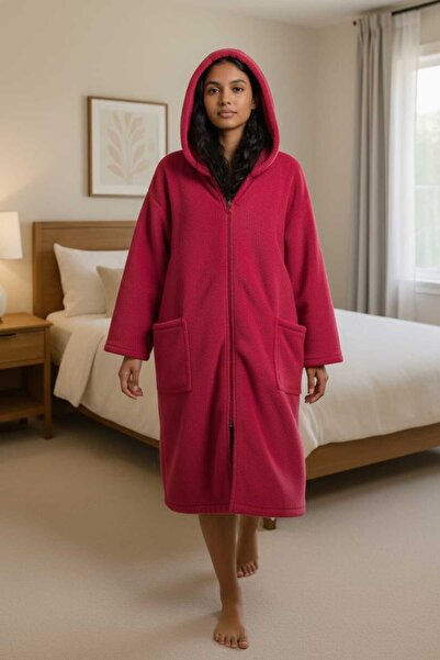MOONSAND Red Wellsoft Plush Hooded Unisex Robe Front Zippered Robe