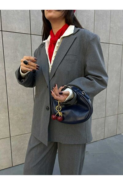 ÖZÜM TAKI حقيبة يد وكتف نسائية باللون الأزرق الداكن مع هدية تشارم الكرز