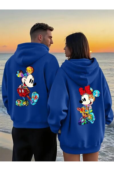 Zonsra Unisex Sevgili Çift Kombin Mickey Mouse Baskılı Kapşonlu Sweatshirt
