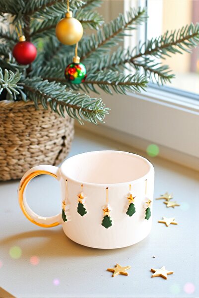 Özce Art Ceramic Atelier 5-Piece Pine Tree Patterned Christmas 170 ml Mug and Saucer with 24K Gold Detail