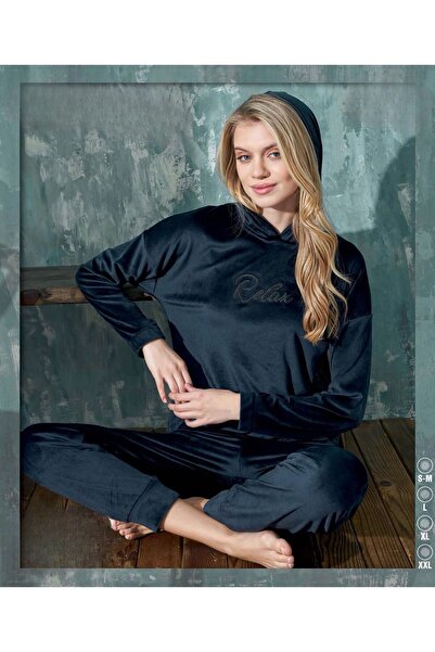 İpek Set de pijamale din catifea cu glugă pentru femei, cu mâneci lungi, culoare uni