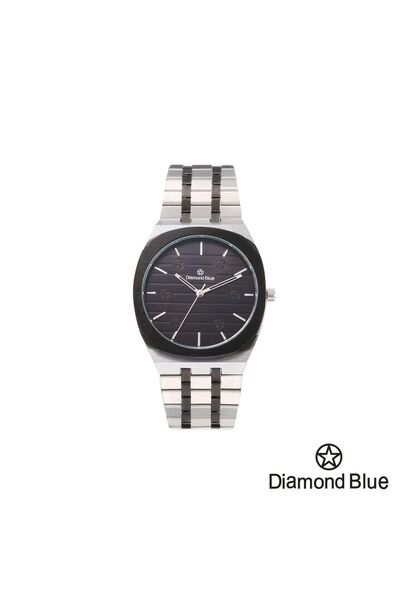 Diamond Blue ساعة دايموند بلو رجالية، سوار فضي بلمسات سوداء وصحن أسود، إطار دائري مميز.