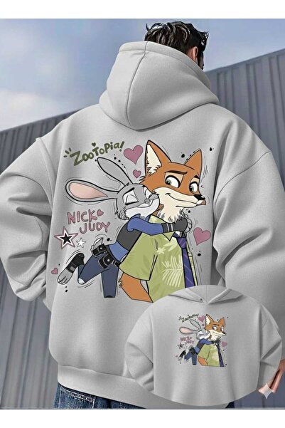 CLASSY.MODA سويت شيرت للجنسين قصة فضفاضة زوتوبيا نيك وجودي مطبوع بغطاء رأس