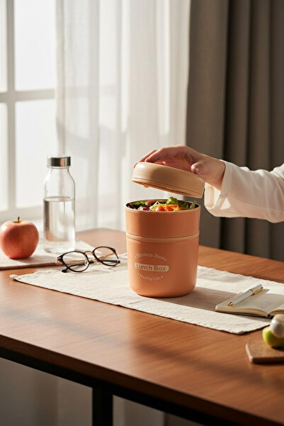 kitchenboost Tohana kulplu çelik sefer tası - yemek termosu saklama kabı 2 katlı pembe 710 ml. 304 çelik