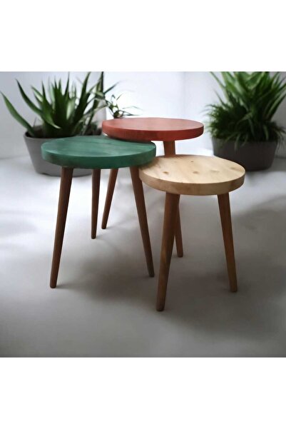 Yonga Doğal Ahşap Masif Kütük 3'lü Zigon Sehpa Servis Sehpası Orta Sehpa Yan ...