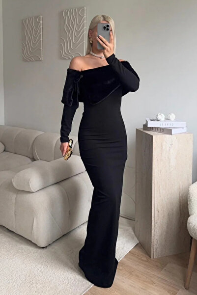 MARTYZ Madonna Collar Fur Long Back Slit Dress