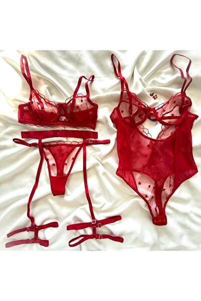 İNKO İÇ GİYİM New Year's Gift Underwire Cupless Tulle Detailed Heart Bra Set & Bodysuit (Bra Thong)