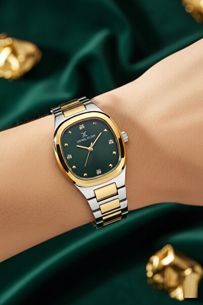 Daniel Klein Yeşil Gold Bicolor Çelik Kordonlu Feminen Oval Kare Kadın Kol Saati