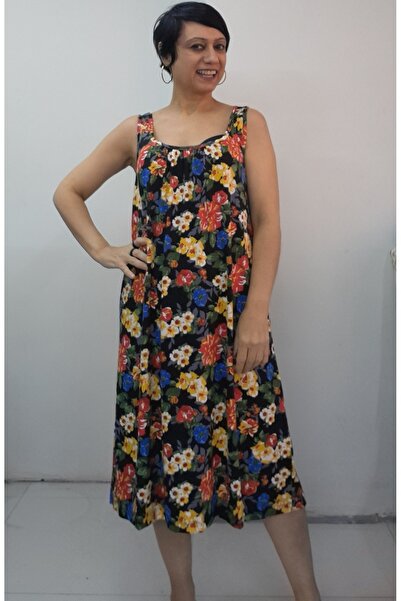 Mertcan Butik Black Yellow Blue Red Floral Patterned Front and Back Gathered Strap Combed Viscose Dress