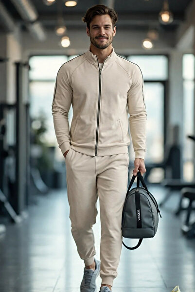 COMBİNE MİCHAİL Men's Sporty Zippered Cream Tracksuit Set