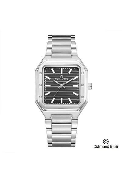 Diamond Blue ساعة دايموند بلو رجالية، سوار فضي وصحن أسود، تصميم مربع أنيق وعصري.