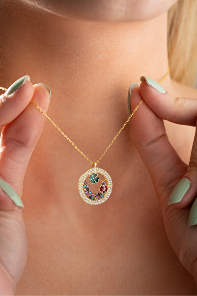 Nereze 925 Ayar Gümüş Gold Kaplama Daire Tasarım Yonca Ve Uğur Böceği Detay K...