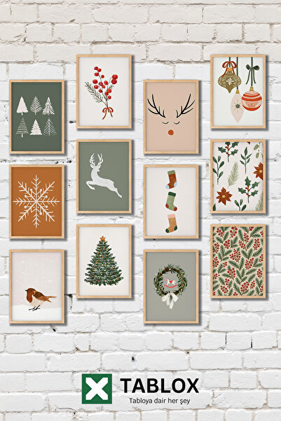 TABLOX New Year's Decoration Pine Tree Winter Deer Christmas 12-Piece Decorative Mdf Painting Set