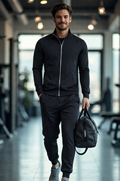 COMBİNE MİCHAİL Men's Sporty Zippered Black Tracksuit Set