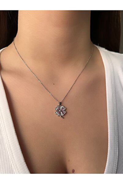 MODA Yonca Tasarımlı Pembe Taşlı Çelik Kolye