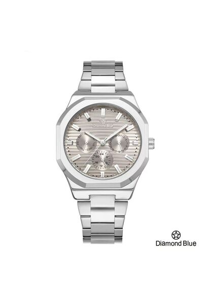 Diamond Blue ساعة دايموند بلو رجالي، سير فضي، صحن رمادي بخطوط عرضية وعدادات فرعية، تصميم رياضي أنيق.