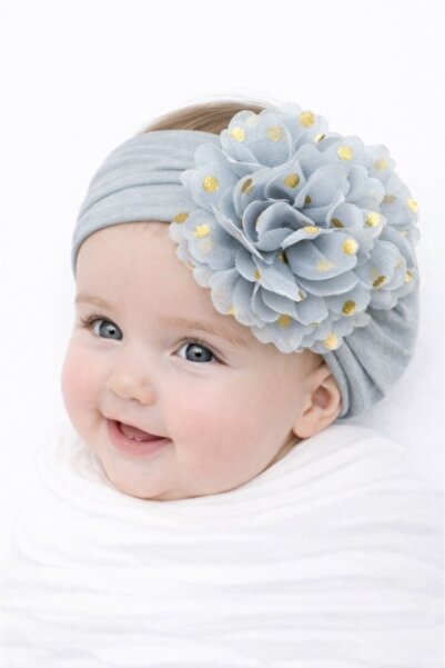 Superbaby Wide gray headband with tulle flower and gold polka dots