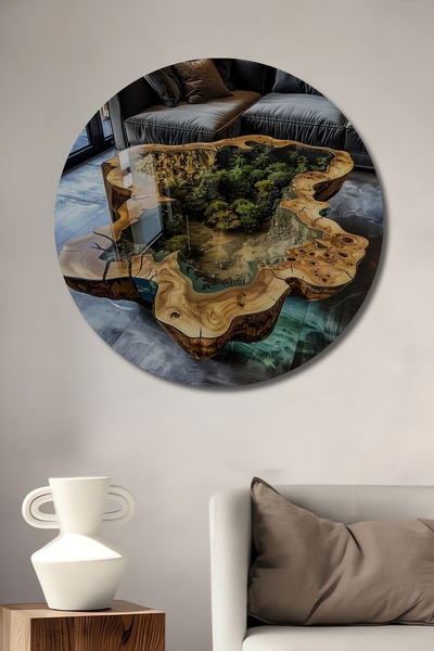 Teona Ahşap Doğa Manzaralı Epoksi Reçine ve Masif Ahşap Salon Sehpası Yuvarlak Duvar Tablosu