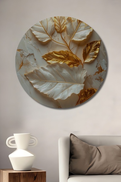 Teona Ahşap Altın Yaprak Desenli Modern Sanat Ahşap Dekoratif Tablo Yuvarlak ...