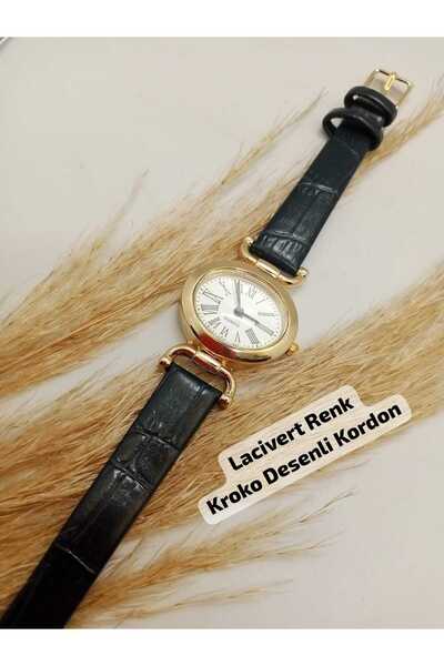 Brality Vintage Retro Model Navy Blue Color Crocodile Patterned Cord Gold Cas...