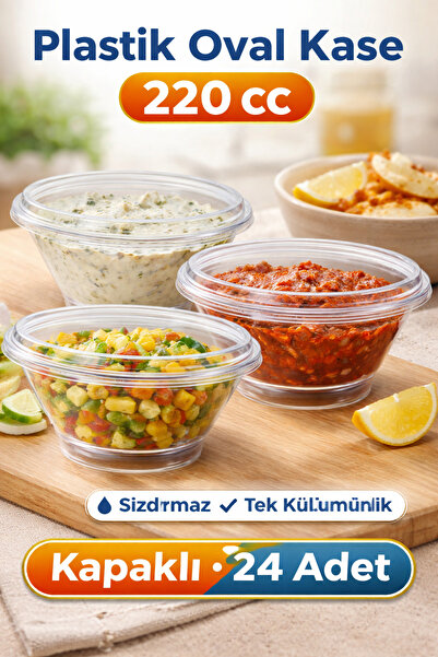 RUBİKAP Plastik Oval Kase 220 cc | Tek Kullanımlık Gıda Kabı + Kapak (24 Adet)