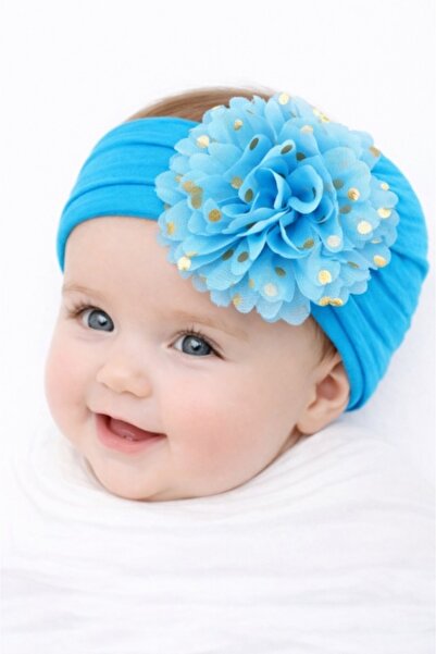 Superbaby Bentita albastra lata cu floare din tulle si buline aurii