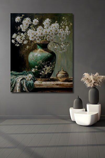 Teona Ahşap Yeşil Vazo Beyaz Çiçek Buketi Yağlı Boya Görünümlü Ahşap Dekorati...