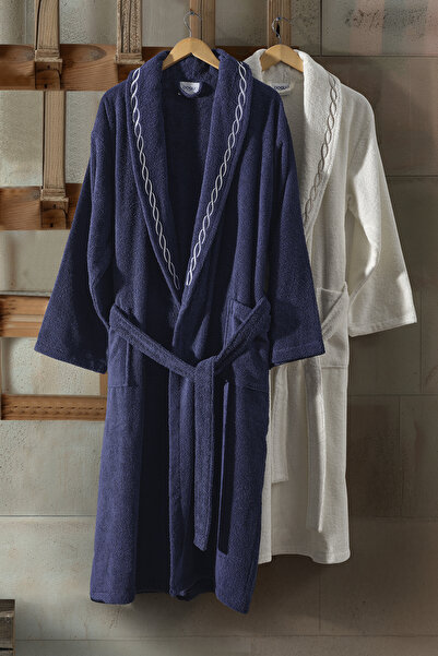 Doqu Home Helena Bornoz + Yüz Havlusu S/M-L/XL Ekru-Lacivert