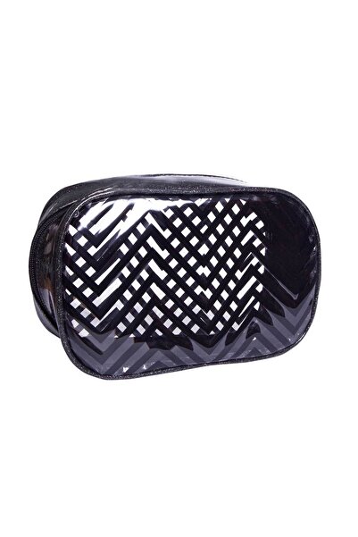 Juene مكياج أسود بيضاوي الشكل من الجلد اللامع حقيبة سي سي / أسود / ذو حافة عريضة