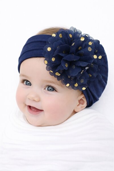 Superbaby Wide navy blue headband with tulle flower and gold polka dots