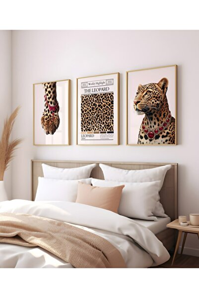 Esci Design 3-Piece Leopard Painting Set with Wooden Frame - Trend Painting - Tiktok Leopard Painting - Luxury Painting - Moderntablo