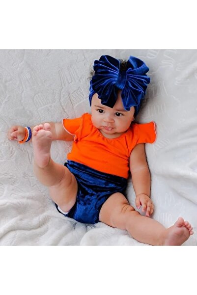 Superbaby Bentita albastra lata din catifea cu funda