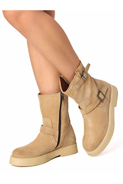 RUJO حذاء نسائي من الجلد السويدي الأصلي ذو مشبك بسحاب باللون البيج