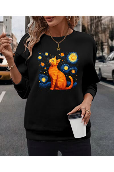 shi dumanlar giyim Oversize Unisex Bay/ Galakside Kedi Bisiklet Yaka Sweatshirt
