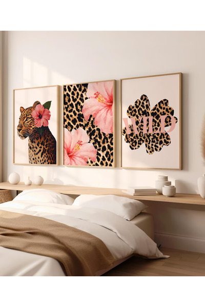 Esci Design Ahşap Çerçeveli 3'lü Leopar Tablo Set - Trend Tablo - Tiktok Leopar Tablo - Lüks Tablo - ModernTablo