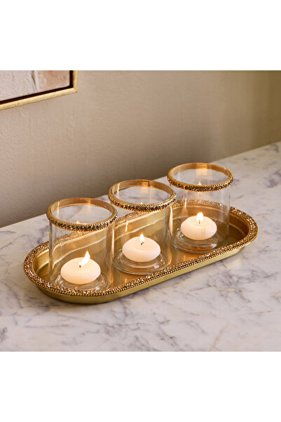 Home Box طقم حامل شموع صغير مزخرف من ثلاث قطع من إيراس إلارا مع صينية