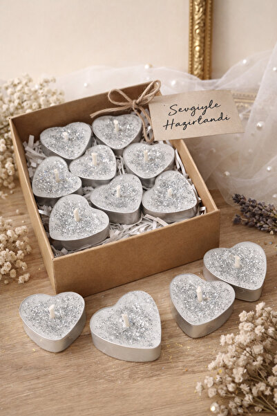 MumLook Gümüş Simli Kalp Mum 12’li Set – Tealight Mum hediyelik/AFG atölye