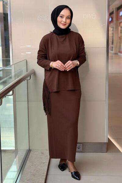 Mahal Crochet Knitwear Tassel Detailed Rayon Tunic Skirt Set