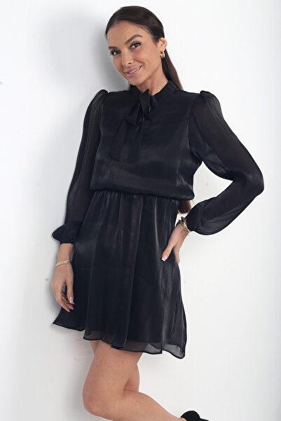 By Saygı Women's Collar Lace-Up Lined Elastic Waist Chiffon Satin Short Dress