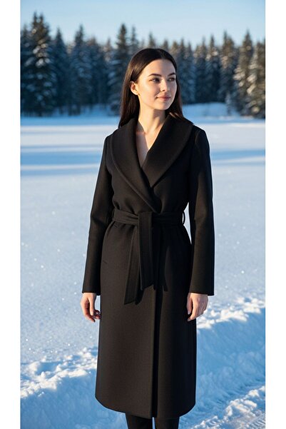 Moda Banuş Palton cu fantă Kaşe pentru femei, cu buzunare, negru