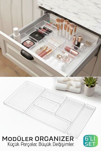 Transformacion 6-компонентний модульний набір для впорядкування кришталевих шухляд - розкішний органайзер для косметики, прикрас та офісних речей 722569