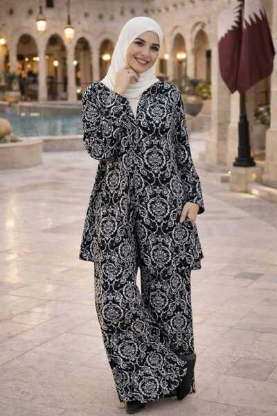 forte bella Patterned Top and Bottom Hijab Kimono Set