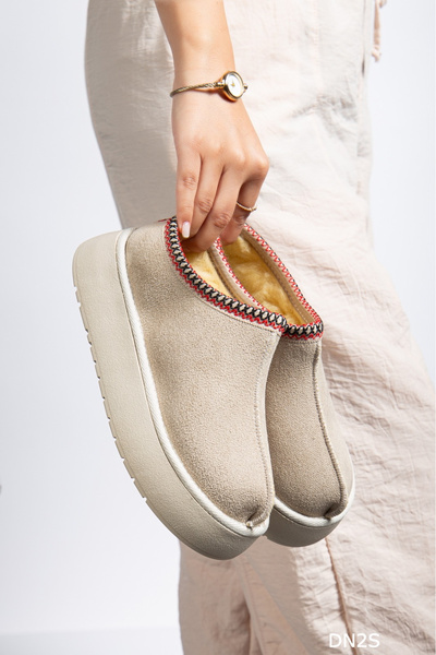 DN2S Women's Suede Fur Inside Wool Thick Sole High Heel Winter Slippers Gg1